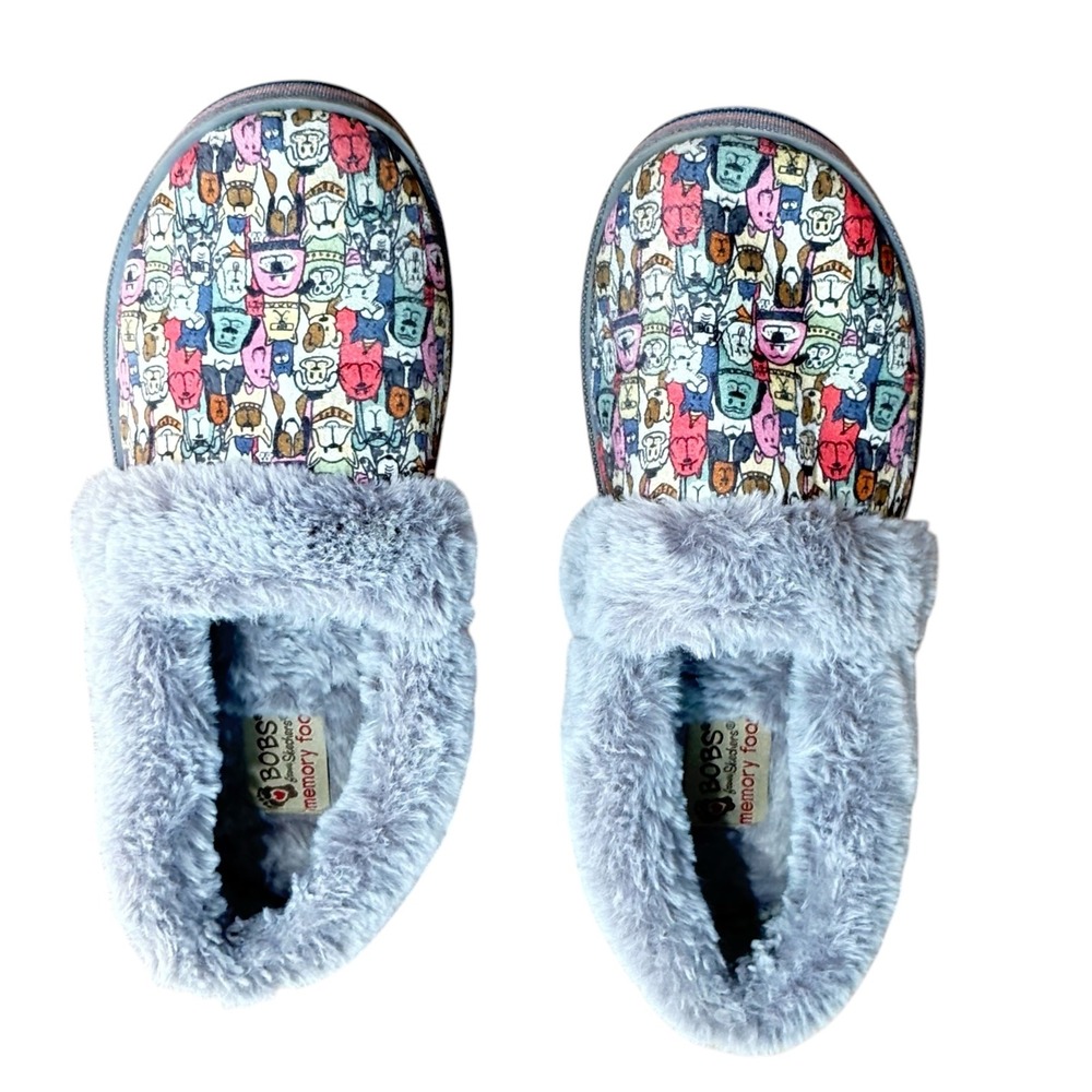 Skechers BOBS Slippers Women 6.5 Dog Print Grey Faux Fur Memory Foam 113222